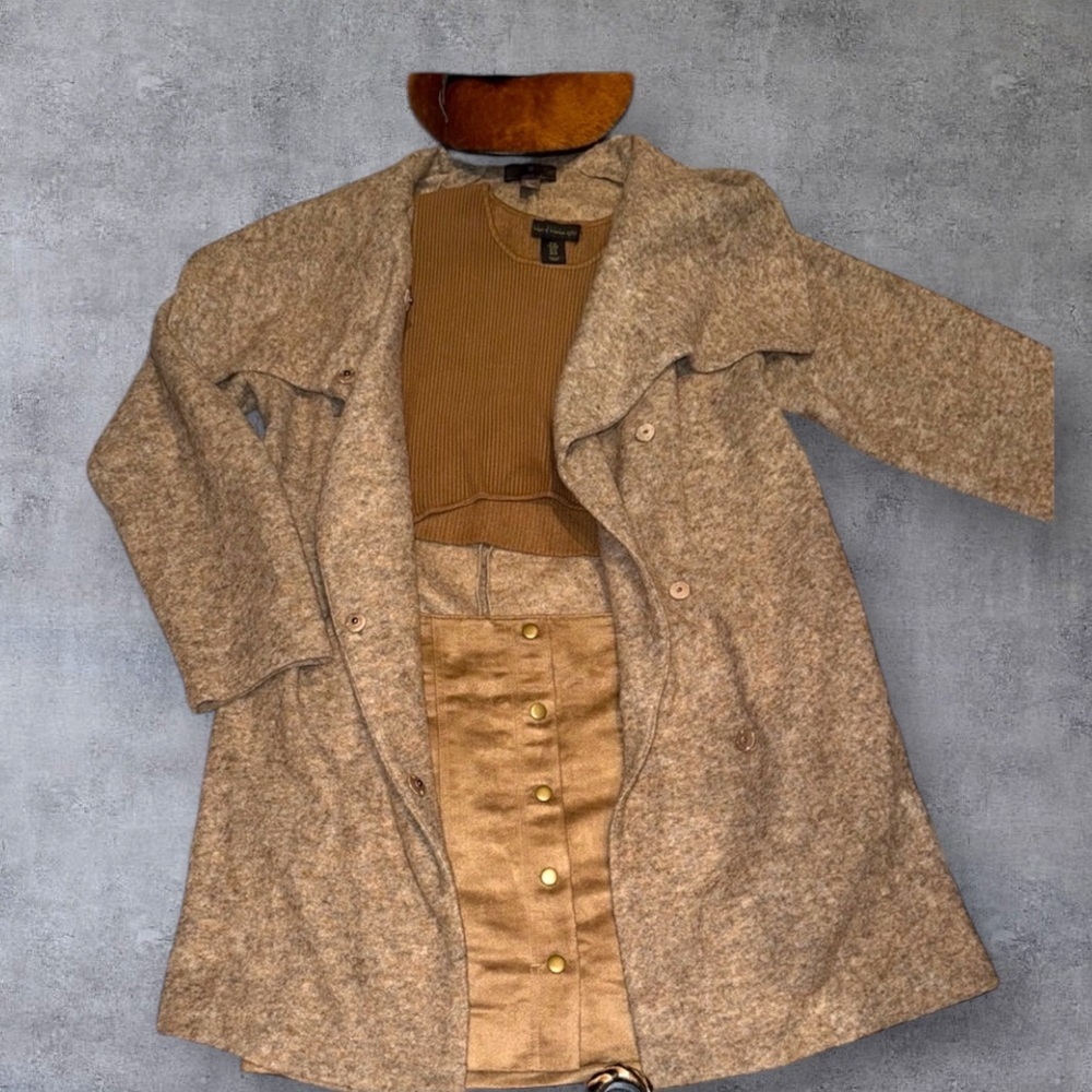 "Fenn Wright Manson US L Large Tan Brown Draped Collar Knit Asymmetrical
Coat L